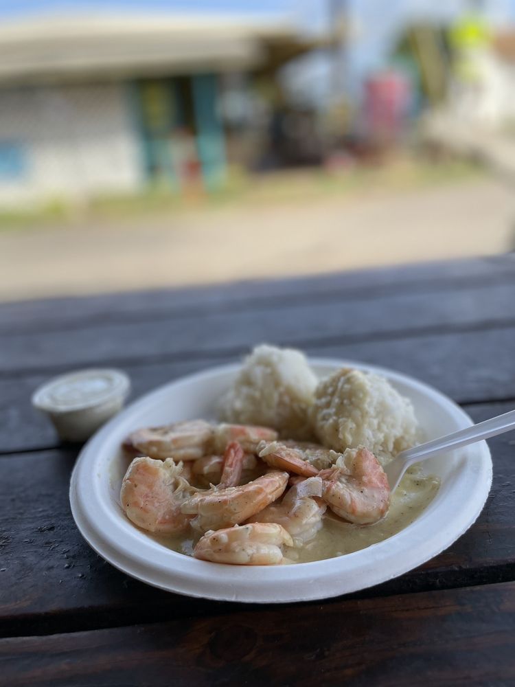 A plate of garlic shrimp at The Shrimp Station